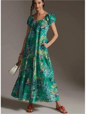 Maeve Anthropologie Tropical Tiered Maxi Dress Green Floral Pockets Cotton Flowy